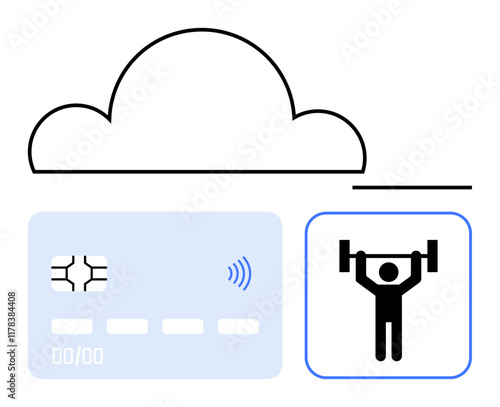 Cloud icon, contactless credit card, weightlifting icon represent digital payments, cloud storage, and fitness. Ideal for technology, subscriptions, fitness, payments memberships productivity