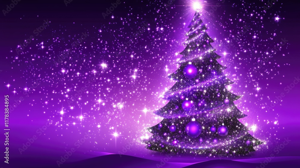 Purple abstract Christmas tree vector design with glowing ornaments and radiant light patterns. Purple abstract Christmas tree vector design with glowing ornaments and radiant light patterns.