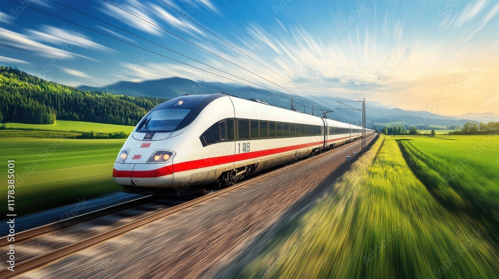 Fototapeta premium Scenic Train Passing Through Green Fields and Mountains