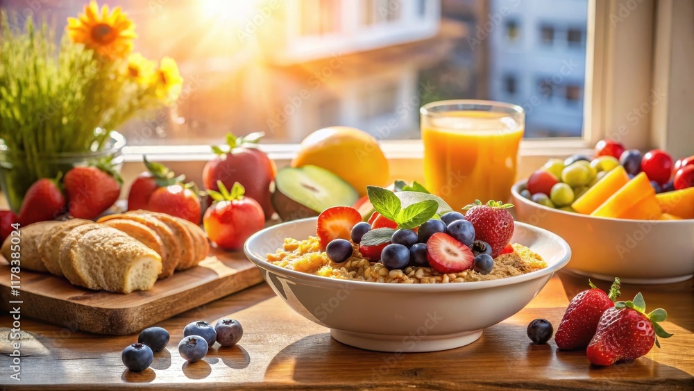 Sunlit Morning Meal A Bowl of Oatmeal Topped with Fresh Berries and Slices of Strawberries, Served Alongside Fruit Salad, Bread, and a Glass of Orange Juice, All on a Wooden Table by a Window Sunlit Morning Meal A Bowl of Oatmeal Topped with Fresh Berries and Slices of Strawberries, Served Alongside Fruit Salad, Bread, and a Glass of Orange Juice, All on a Wooden Table by a Window