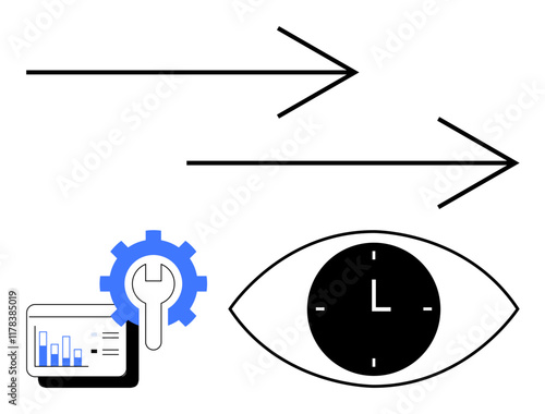 Arrows indicate progress gear overlays data dashboard for analytics and tools clock within eye suggests time efficiency and vision. Ideal for workflow, productivity, planning, data, automation