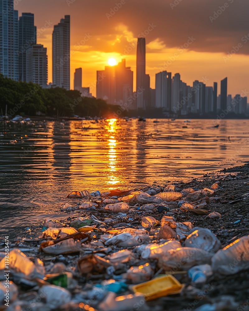 Fototapeta premium City skyline at sunset with the golden glow of the sun