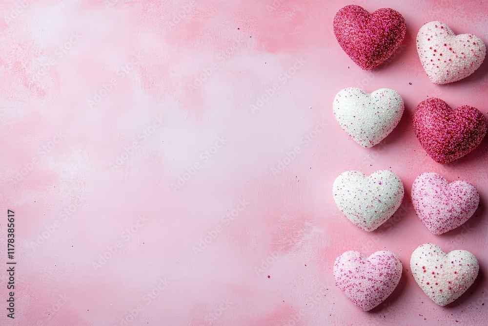 Obraz premium A whimsical array of vibrant hearts sprawled across a soft pink surface, celebrating the essence of love and affection on Valentine's Day.