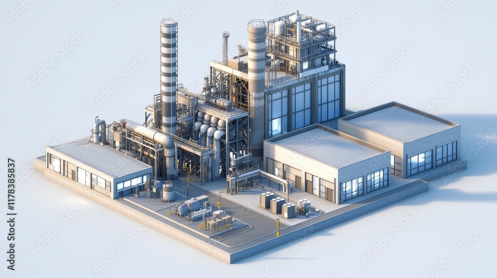 Isometric view of a modern industrial plant, showing details of structures and equipment. Illustrates industrial processes, manufacturing, or energy production. Isometric view of a modern industrial plant, showing details of structures and equipment. Illustrates industrial processes, manufacturing, or energy production.