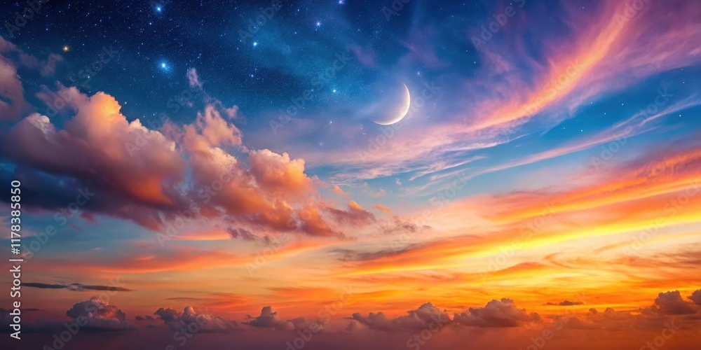 Fototapeta premium Celestial Sunset A Serene Nightscape with a Crescent Moon and Starry Sky above Colorful Clouds