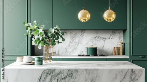 Modern green kitchen with marble island and gold pendant lights.