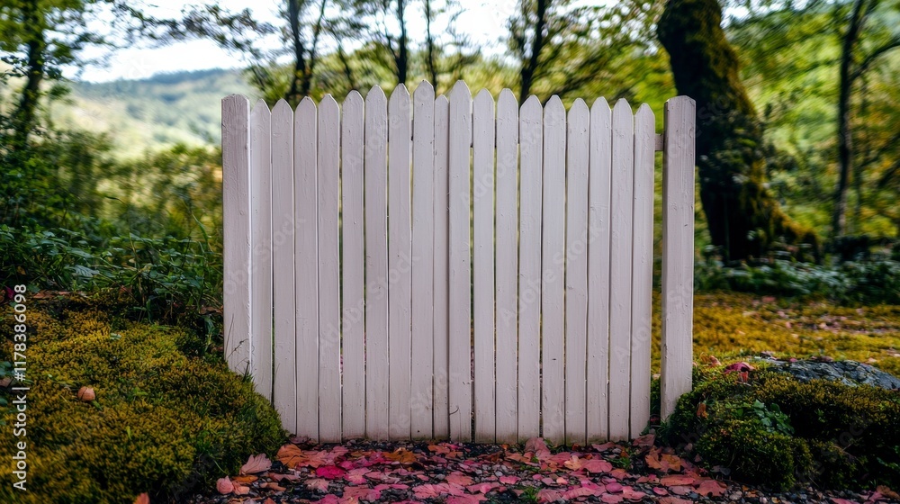 Rustic White Wooden Fence Gate Autumn Leaves Forest Background Rustic White Wooden Fence Gate Autumn Leaves Forest Background