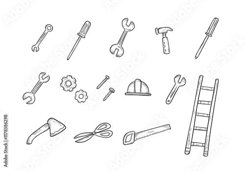Set doodle hand drawn engineer and builder hardware tools sketch include axe, hammer, screwdriver, wrench, bolt, screw, nail, saw, helmet, ladder, gears, and scissors