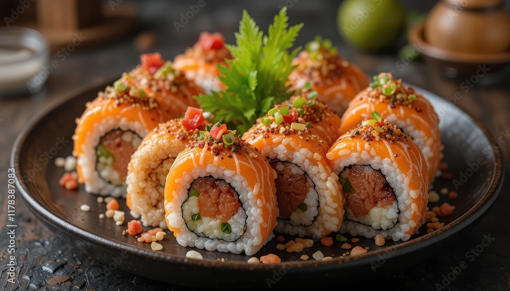 Deliciously Appetizing Salmon Sushi Rolls on a Dark Plate Deliciously Appetizing Salmon Sushi Rolls on a Dark Plate
