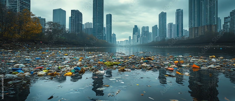 Obraz premium Pollution meets progress a river choked with plastic waste reflecting tall skyscrapers