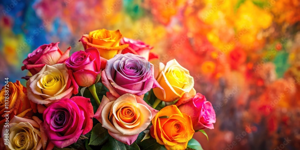 A vibrant rose bouquet bursts with color; a stunning closeup captures its breathtaking beauty. A vibrant rose bouquet bursts with color; a stunning closeup captures its breathtaking beauty.