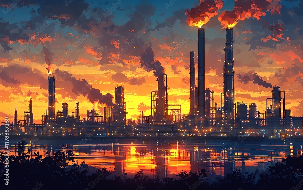 Refinery at sunset, golden light illuminating towering structures and intricate pipelines, showcasing industrial strength and power, vibrant sky, ultradetailed industrial landscape Refinery at sunset, golden light illuminating towering structures and intricate pipelines, showcasing industrial strength and power, vibrant sky, ultradetailed industrial landscape