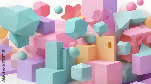 Abstract colorful 3d art background. Pastel geometric shape form floating on white isolated background. memphis style.