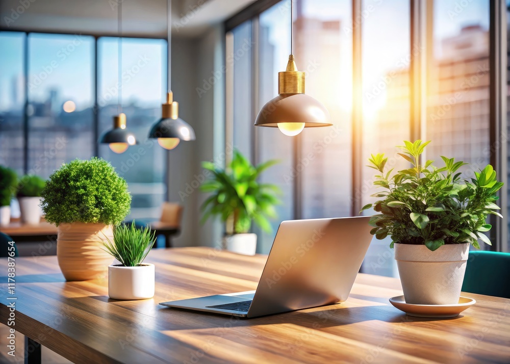 Bokeh-blurred image of a stylish wooden desk setup; laptop, plants, pendant light, minimalist home office. Bokeh-blurred image of a stylish wooden desk setup; laptop, plants, pendant light, minimalist home office.
