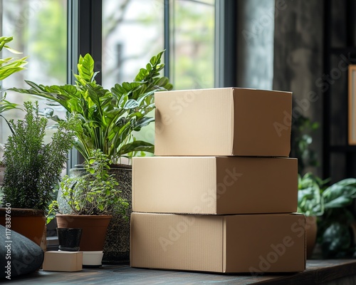 Stack of cardboard boxes on a kitchen counter, next to potted plants, symbolizing the start of moving day preparations, vibrant and serene interior shot photo