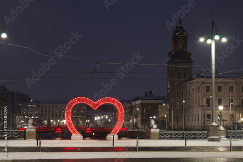 Heart sculpture, canal and church at 