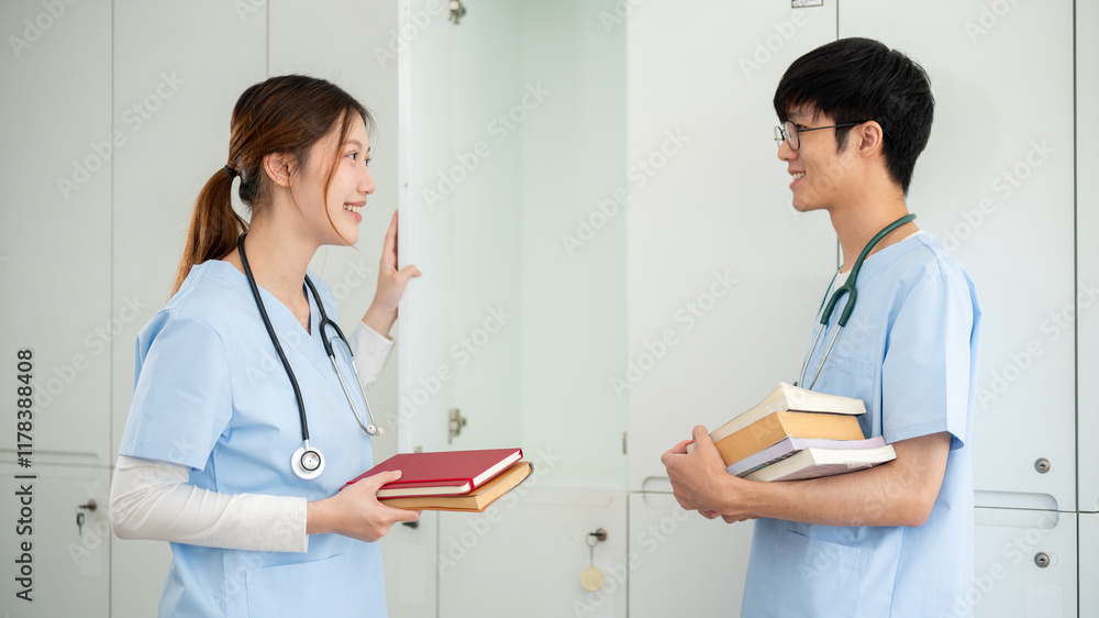Two Asian male and female medical students are talking while getting their textbooks from a locker. Two Asian male and female medical students are talking while getting their textbooks from a locker.