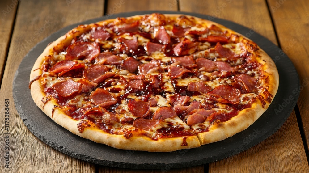 Delicious BBQ pizza with ham, bbq sauce, bacon and salami on a round slate platter which is on wooden table. Delicious BBQ pizza with ham, bbq sauce, bacon and salami on a round slate platter which is on wooden table.