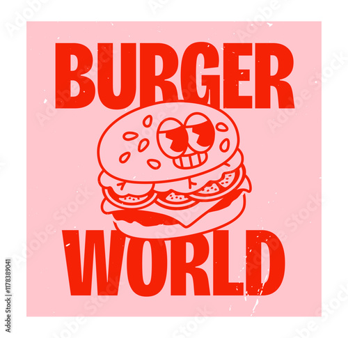 Cartoon burger illustration with a smiling face, surrounded by bold red BURGER WORLD text on a pink background. Creative and fun food concept. Vector illustration.