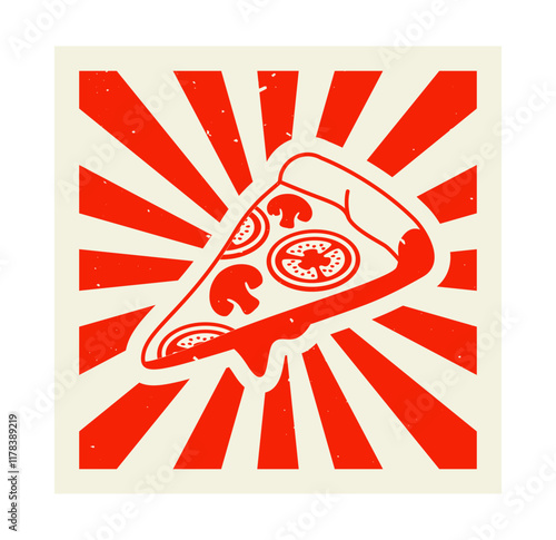 Retro-style pizza slice with toppings on a red sunburst background, evoking a vintage and creative food concept. Vector illustration