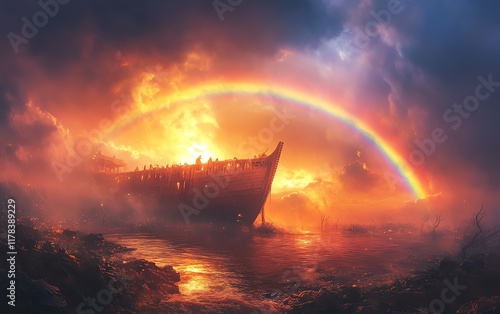 1980s movie poster aesthetic, Noah s Ark after the flood with a radiant rainbow, conveying hope and new beginnings, colorful skies, dramatic lighting, retro cinematic style photo