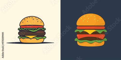 Burger, hamburger, and cheeseburger icons illustrate fast food meals of beef, cheese, lettuce, tomato, and onion on a bun