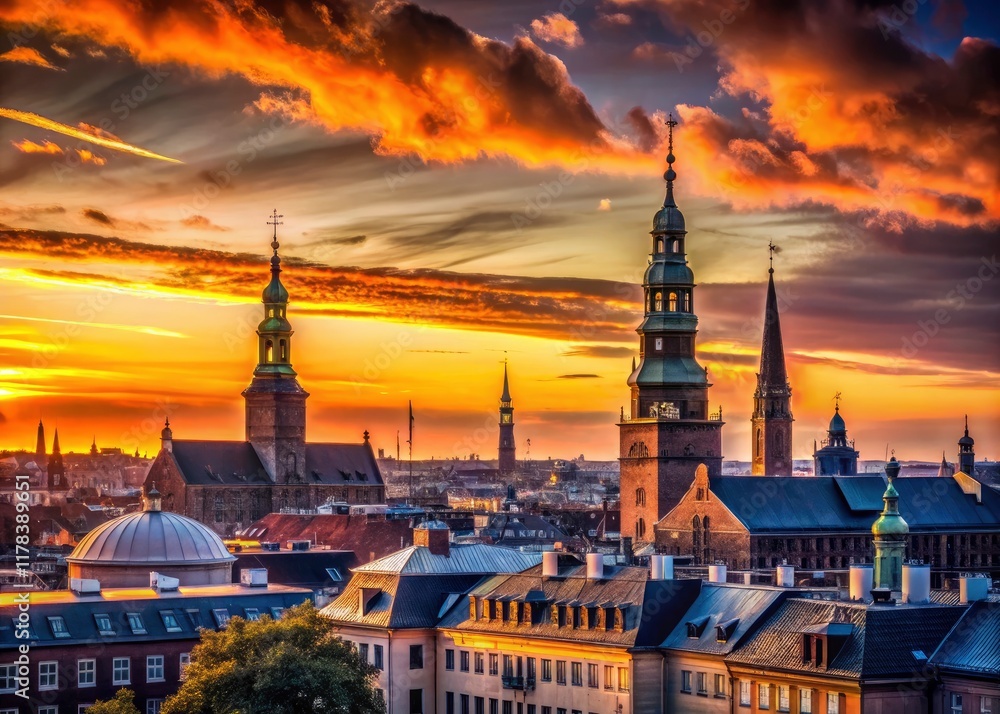 Naklejka premium Danish design's elegant silhouettes define Copenhagen's cityscape in captivating nighttime architectural photography.