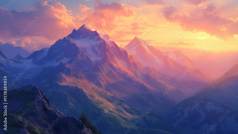 Obraz premium Mountain landscape bathed in warm hues as the sun sets behind the peaks