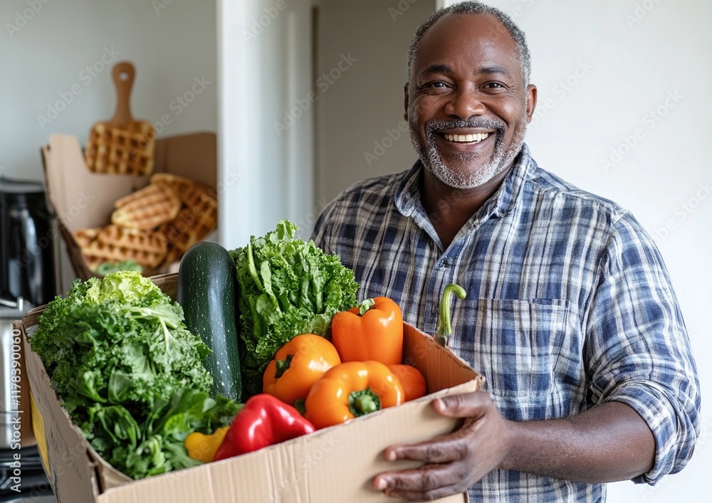 Smiling Senior Man Holding a Box of Fresh Produce Smiling Senior Man Holding a Box of Fresh Produce