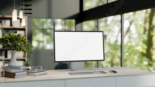 Wallpaper Mural A computer desk in a modern office or home office featuring a computer and decor on a wooden table. Torontodigital.ca