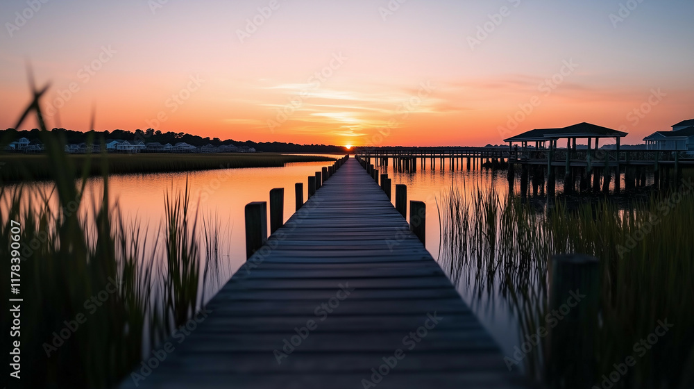 Obraz premium Wide wetland scene with a single wooden pier extending over calm water, surrounded by reeds and an expansive sky in soft pastel tones.