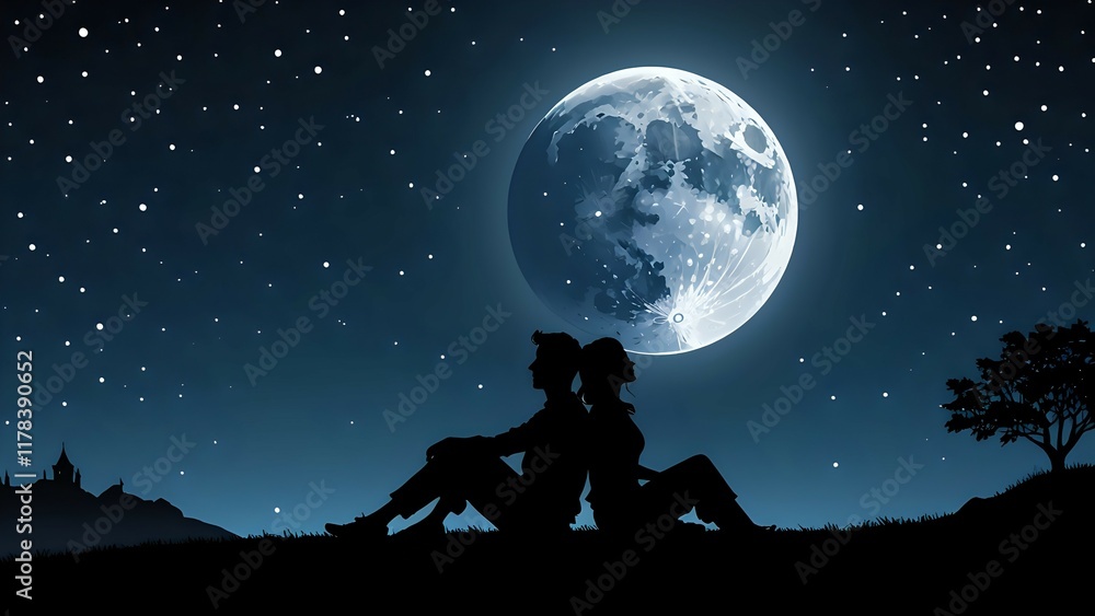 Silhouette of a couple sitting back-to-back on a hill under a glowing full moon and starry sky during a peaceful night. Romantic nightscape concept
Silhouette of a couple sitting back-to-back on a hill under a glowing full moon and starry sky during a peaceful night. Romantic nightscape concept