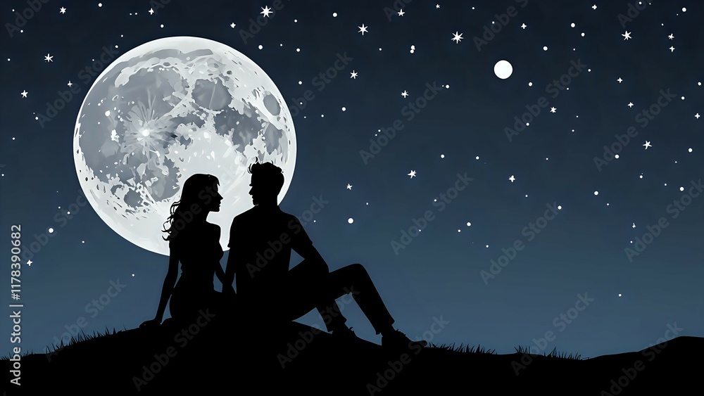 Silhouette of a couple sitting together on a hill under a bright full moon and starry sky during a peaceful night. Romantic night concept
Silhouette of a couple sitting together on a hill under a bright full moon and starry sky during a peaceful night. Romantic night concept
