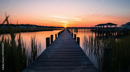 Wide wetland scene with a single wooden pier extending over calm water, surrounded by reeds and an expansive sky in soft pastel tones. photo