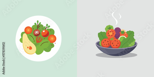 fresh, salad, tomatoes, food, vegetable, healthy, diet, green, vector, illustration, dinner, lunch, lettuce, organic, onion, meal