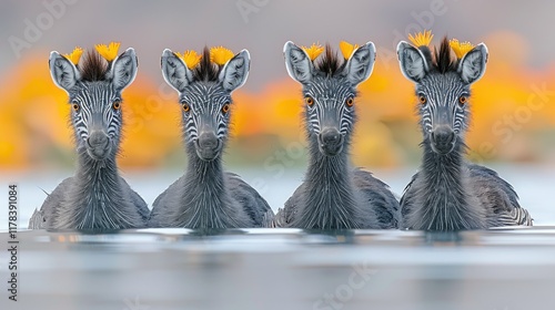 Four zebra-like creatures with flowers float in water, a colorful bokeh background.