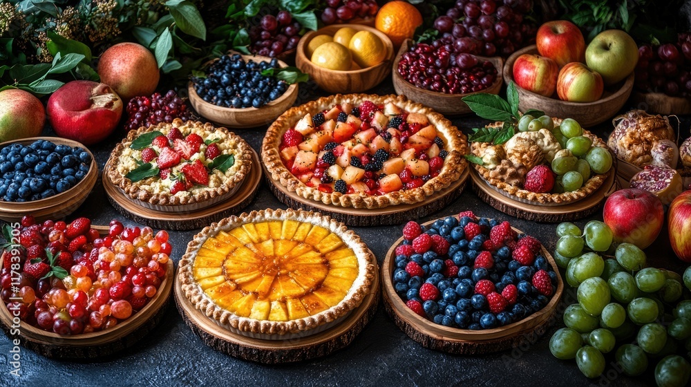 Fruit pies and bowls of fresh berries and fruit display for food concept. Fruit pies and bowls of fresh berries and fruit display for food concept.