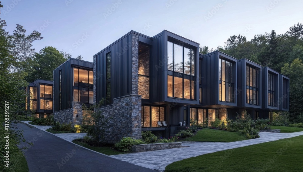 custom made wallpaper toronto digitalModern luxury townhouses at dusk.