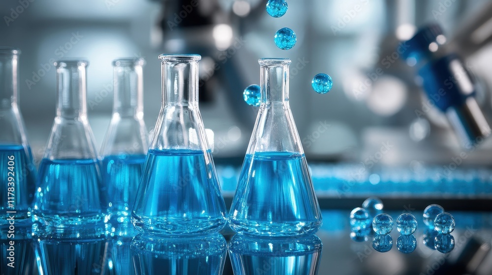 Erlenmeyer flasks filled with vibrant blue liquid, droplets falling. Illustrates scientific research, experimentation, or chemical processes. Erlenmeyer flasks filled with vibrant blue liquid, droplets falling. Illustrates scientific research, experimentation, or chemical processes.