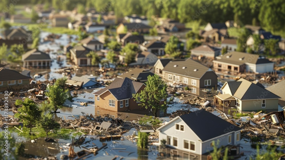 Fototapeta premium Showcase the resilience of communities with detailed 3D illustrations of disaster recovery efforts