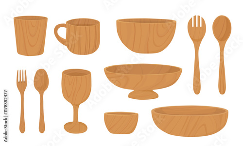 Set of wooden dining ware. Cup, salad bowl, wine goblet, fruit bowl, fork and spoon. Hand drawn illustration vector.	