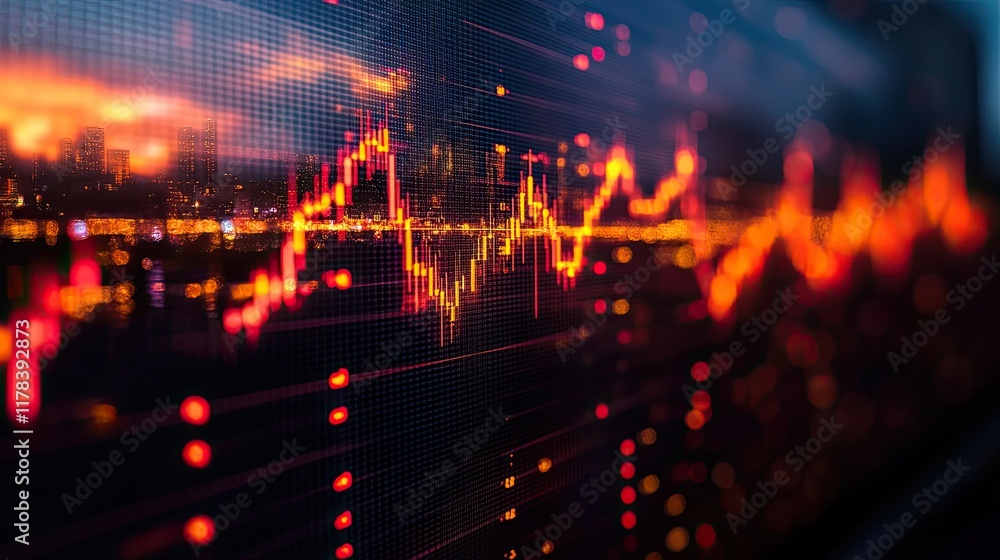 Fototapeta premium Graphic financial data displayed on screen against a city skyline at sunset.