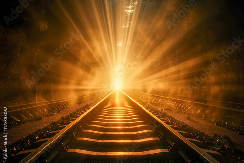 Dramatic sunset over railroad tracks with glowing light and radiant sky