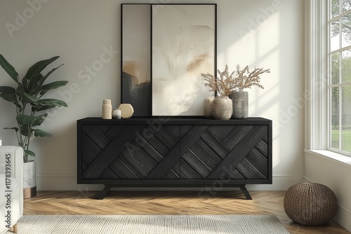 Modern black geometric cabinet with straight legs in living room, white walls, wooden floors, decorative artwork, storage unit. photo