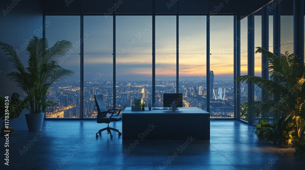 Fototapeta premium Modern office with city view at sunset.