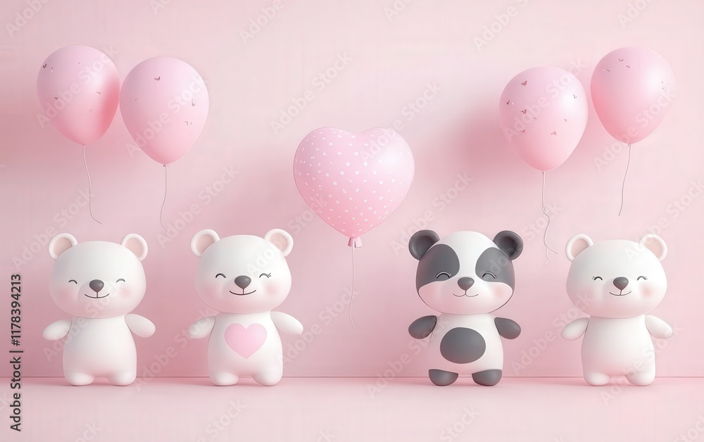 Four colorful teddy bears gather together, one proudly holding a heart-shaped balloon, radiating love and joy for Valentine's Day. Four colorful teddy bears gather together, one proudly holding a heart-shaped balloon, radiating love and joy for Valentine's Day.
