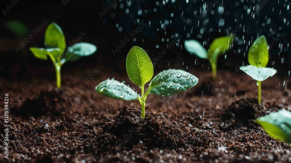 Spring Seedlings Fresh Green Plants Growing in Soil Rain Shower Spring Seedlings Fresh Green Plants Growing in Soil Rain Shower