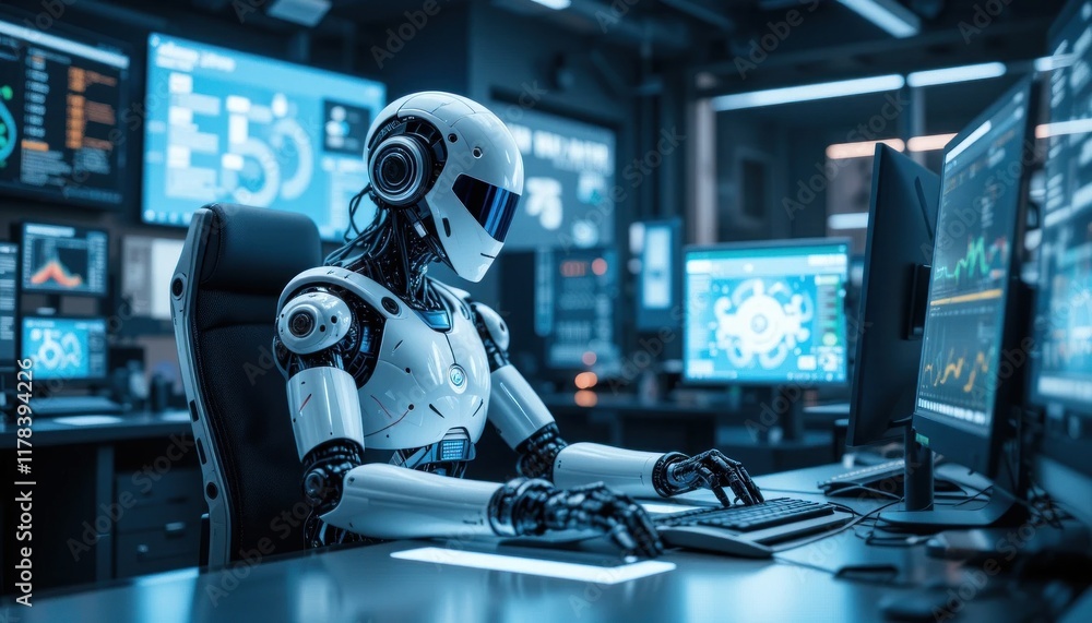 Fototapeta premium A futuristic robot sits at a desk, illuminated by screens displaying data, symbolizing advanced technology in a modern workspace.