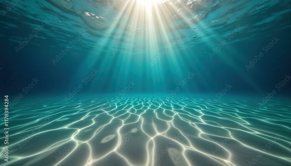 Sunlight streams through underwater ripples creating serene patterns on ocean floor. Blue water deep down. Tranquil scene. Perfect for travel marketing, underwater nature photography, eco tourism. Sunlight streams through underwater ripples creating serene patterns on ocean floor. Blue water deep down. Tranquil scene. Perfect for travel marketing, underwater nature photography, eco tourism.