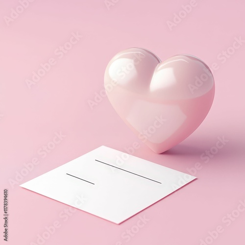 A glossy pink heart sits beside a blank white card against a soft pink background, conveying themes of love and affection.